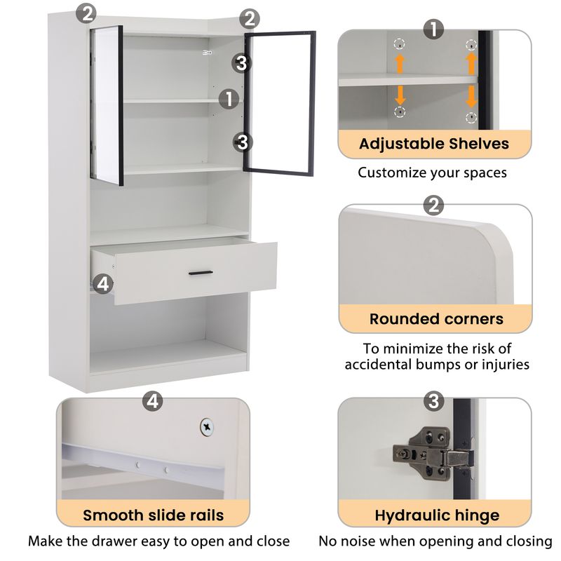 Armoire à curiosités lumineuse, étagères de rangement avec portes vitrées escamotables, grand tiroir et éclairage LED 16 couleurs, vitrine pour objets de collection, bibliothèque de salon, blanche avec cadre noir._voghion.com