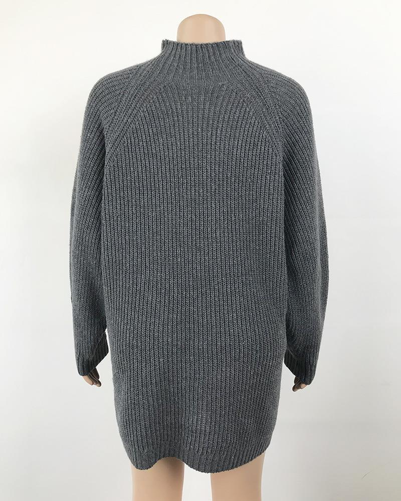 Knitted Sweater Mid-Length Raglan Sleeve Half Turtleneck Sweater Dress_voghion.com