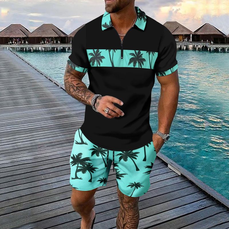 2-piece Men's Summer Holiday Style Outfit Set Short Sleeve Zip Golf Shirt & Waist Drawstring Shorts With Pockets Beach Resorts_voghion.com