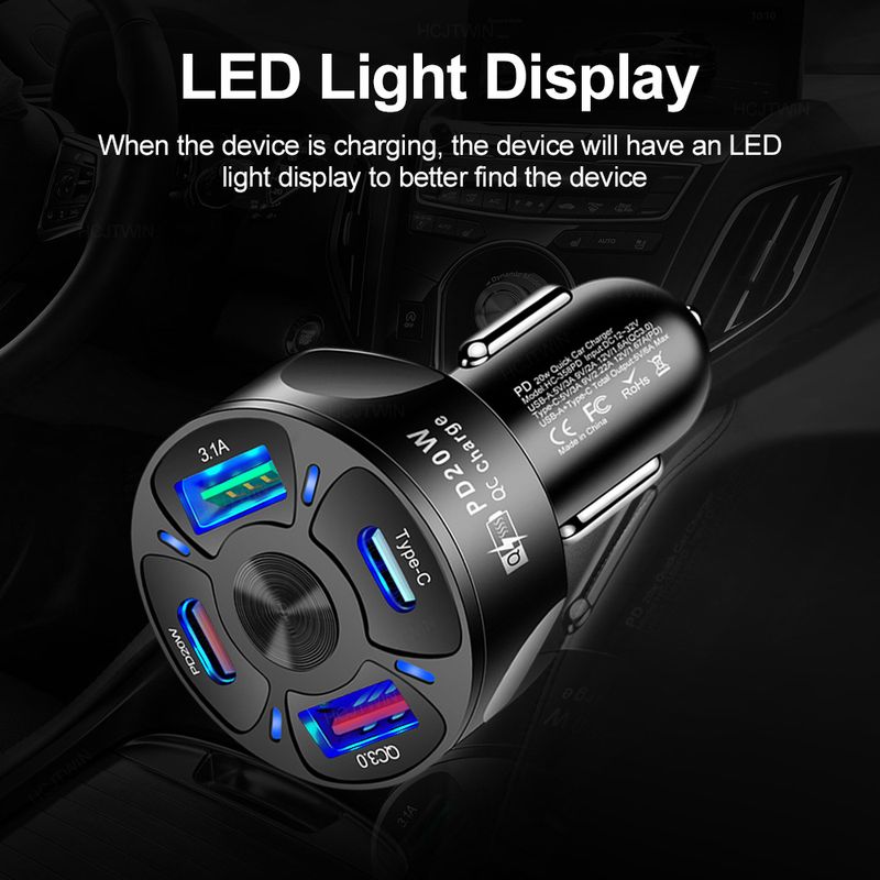 Music Festival Dual line 20W PD+QC3.0 3.1A 2USB fast charging charger, one to four multi port car charger_voghion.com
