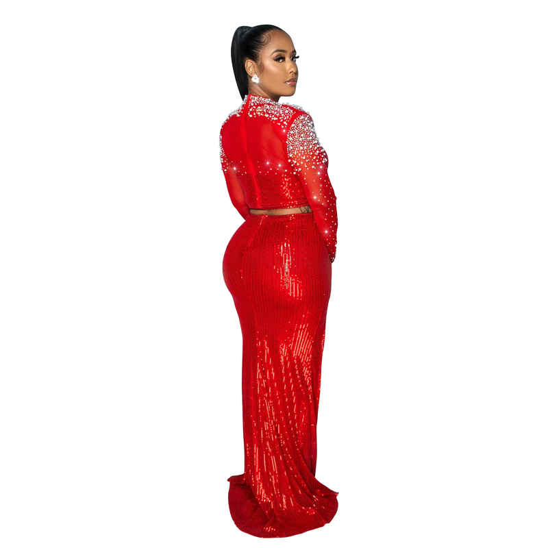 Damenbekleidung, modisches Damen-Zweiteiler-Set mit Rundhalsausschnitt, Mesh-Pailletten, langen Ärmeln und langem Rock_voghion.com