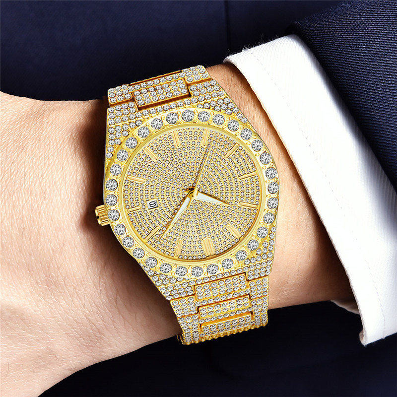 Herren-Hip-Hop-Diamantuhr mit Datumsfunktion – goldene Edelstahl-Quarzuhr, modisches minimalistisches Design für den Alltag_voghion.com