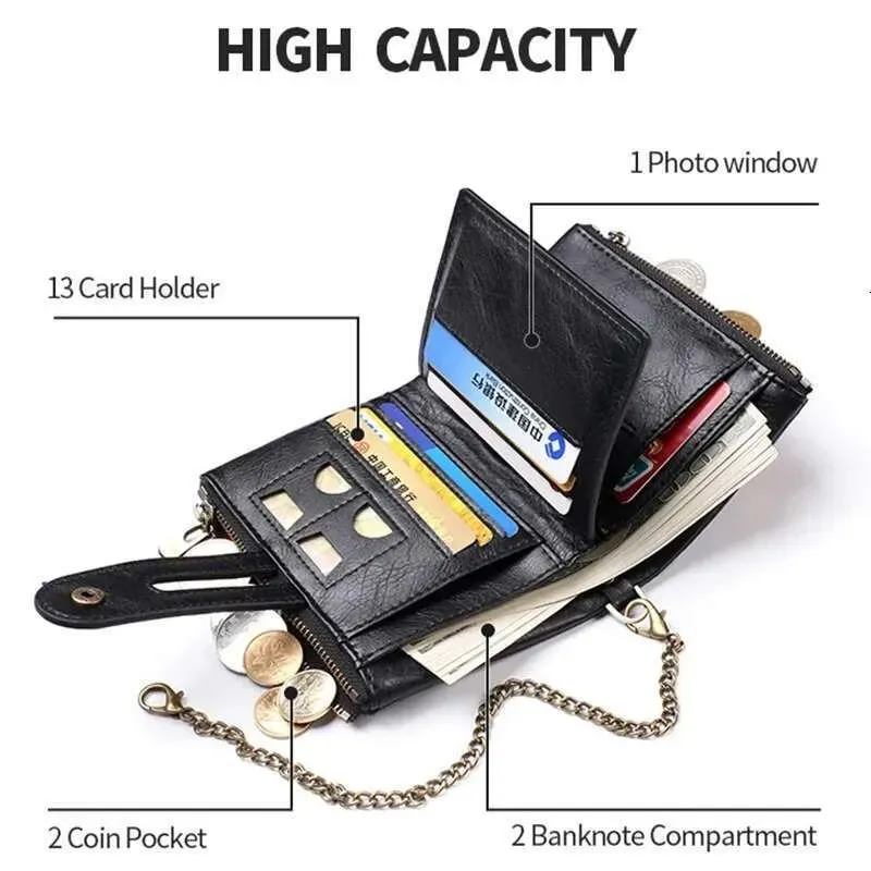 Designer 2025 Theft Men's PU Leather Retro Style Short Bifold Zipper Wallets Credit Card Coins Storage With Anti Loss_voghion.com