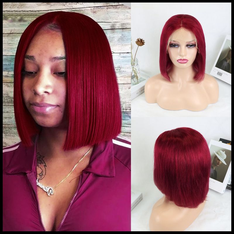 99j#Kurzer Bob 13x4 Lace Front Perücke 100% Echthaar Perücke_voghion.com