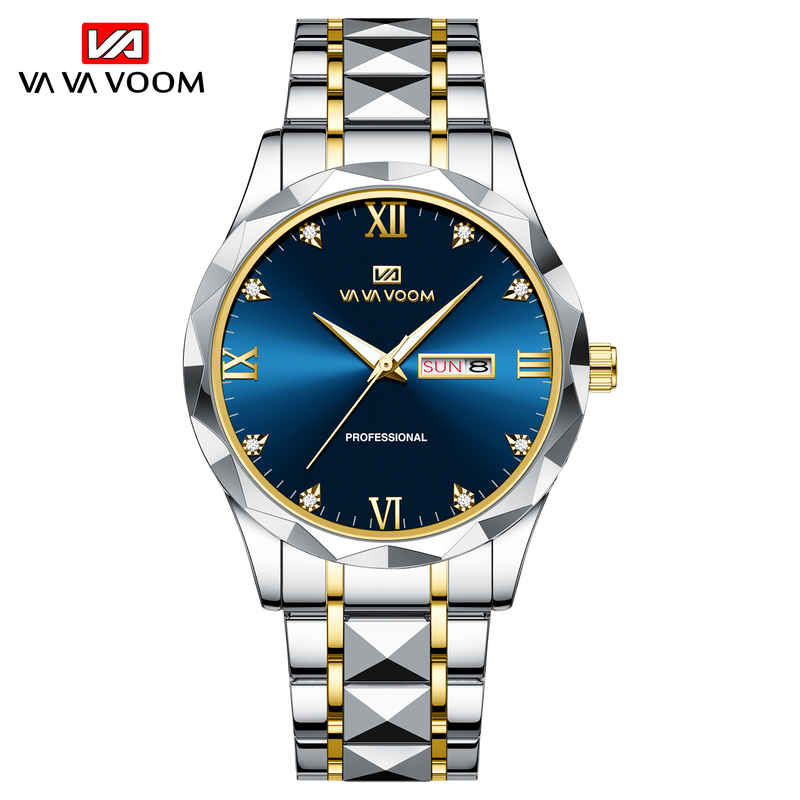 Doppelkalender-Wochenwerk, Nieten-Edelstahlkette mit Diamanten, minimalistische, wasserdichte Quarzuhr für Herren_voghion.com