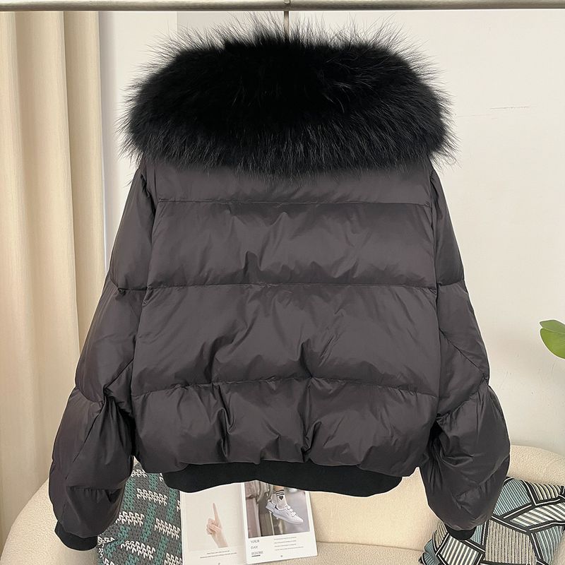 Women's Clothing Ready to stock detachable oversized raccoon fur collar winter women's short thickened white duck Warm jacket jacket flat coat coat_voghion.com