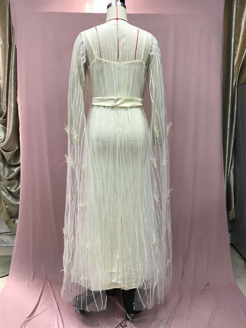 Elegantes Abendkleid mit langen Ärmeln für Damen – Sexy Abendkleid mit hoher Taille für Hochzeit, Party und Bankett (Elfenbein, Blau, Lila)_voghion.com