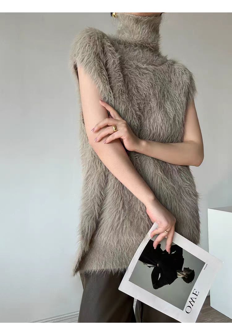 Cardigan lungo senza maniche da donna in finto visone con collo alto e maglia a strati - Top tunica casual oversize per autunno inverno_voghion.com