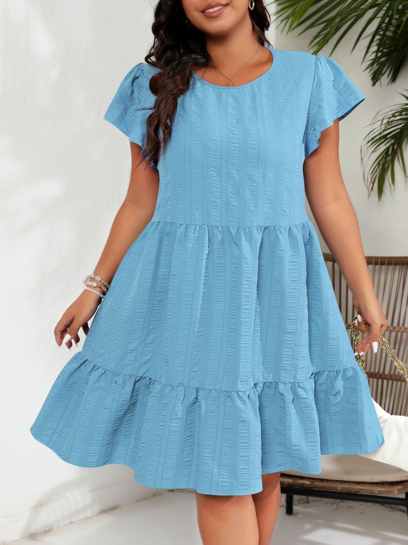 Women's Clothing Large Size Round Neck Lotus Leaf Sleeve Waist Holiday Leisure Temperament Dress_voghion.com
