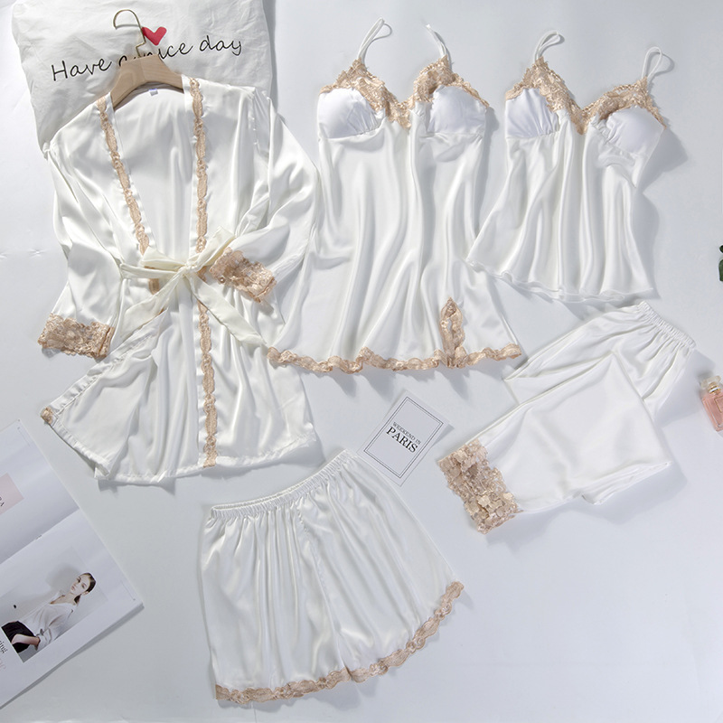 pigiama sexy da donna in seta di ghiaccio set da cinque pezzi con bretelle camicia da notte a maniche lunghe in seta sottile da casa con imbottitura sul petto_voghion.com