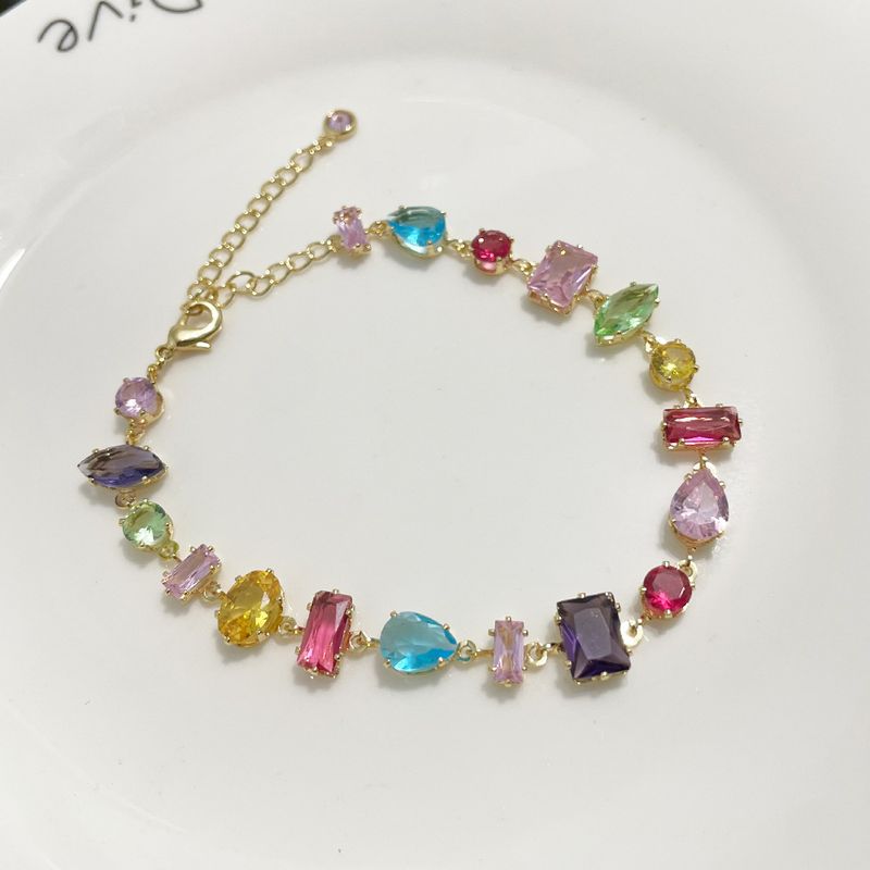 Bracciale alla moda con zirconi colorati, collana in stile Ins, bracciale in oro K da donna con griffe rettangolare_voghion.com