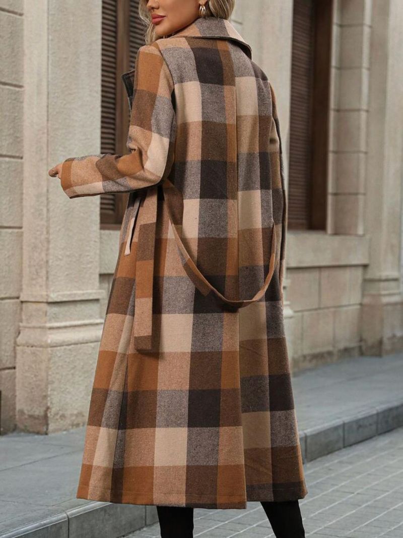 Women's Long Double Breasted Trench Coat With Notched Lapel & Belt - Wool Blend Overcoat In Black/Green/Khaki/Charcoal/Check For Fall Winter_voghion.com