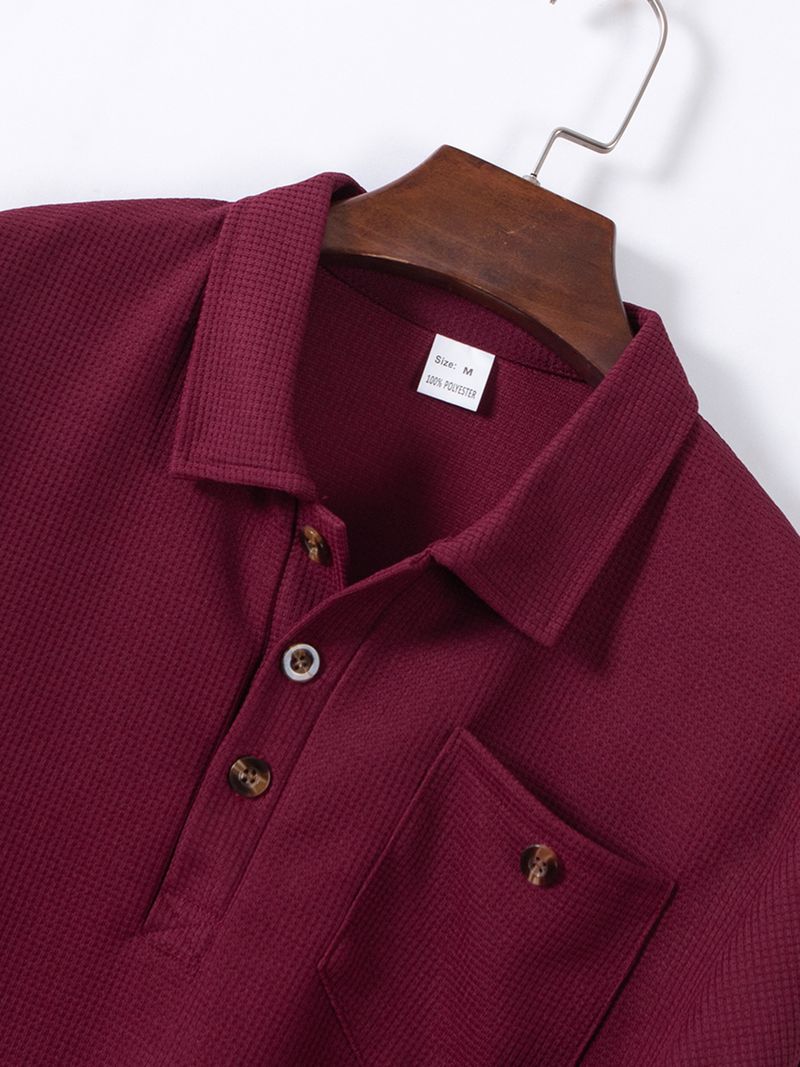 Klassisches Poloshirt aus Waffelstrick – Langarm-Knopfkragen mit Tasche (Khaki/Schwarz/Grau/Weinrot/Grün/Weiß, S-XXXL)_voghion.com