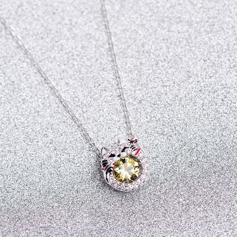 Beating Heart Lucky Cat Female Elements Crystal Chinchilla Clavicle Necklace_voghion.com
