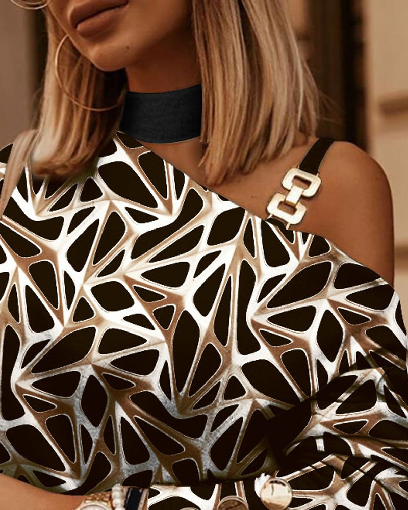 Hot Style Langarm Neckholder Top mit Kette und bedrucktem Knopfdekor für Damen_voghion.com