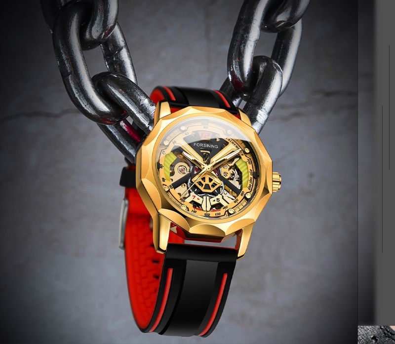 FORSINING Designer Luxury Fashion Steel Skeleton Mechanical Gold Watch For Men Manual Movement Clock Waterproof Silicone Strap_voghion.com