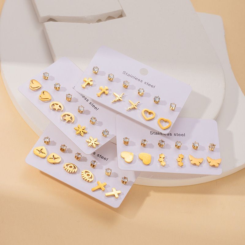 1 Set Simple Style Geometric Heart Shape Butterfly Irregular Plating Titanium Steel Zircon Ear Studs_voghion.com