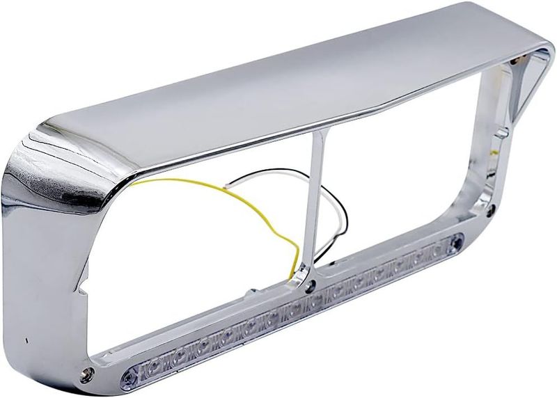 2x Chrome Headlight Bezels 12" Amber LED Light With Visor 4x6 Light Strip Replacement For Kenworth T400 T600 T800 W900B W900L Peterbilt 378 379 Western Star 4900 Trucks (Clear Lens+Amber LED)_voghion.com