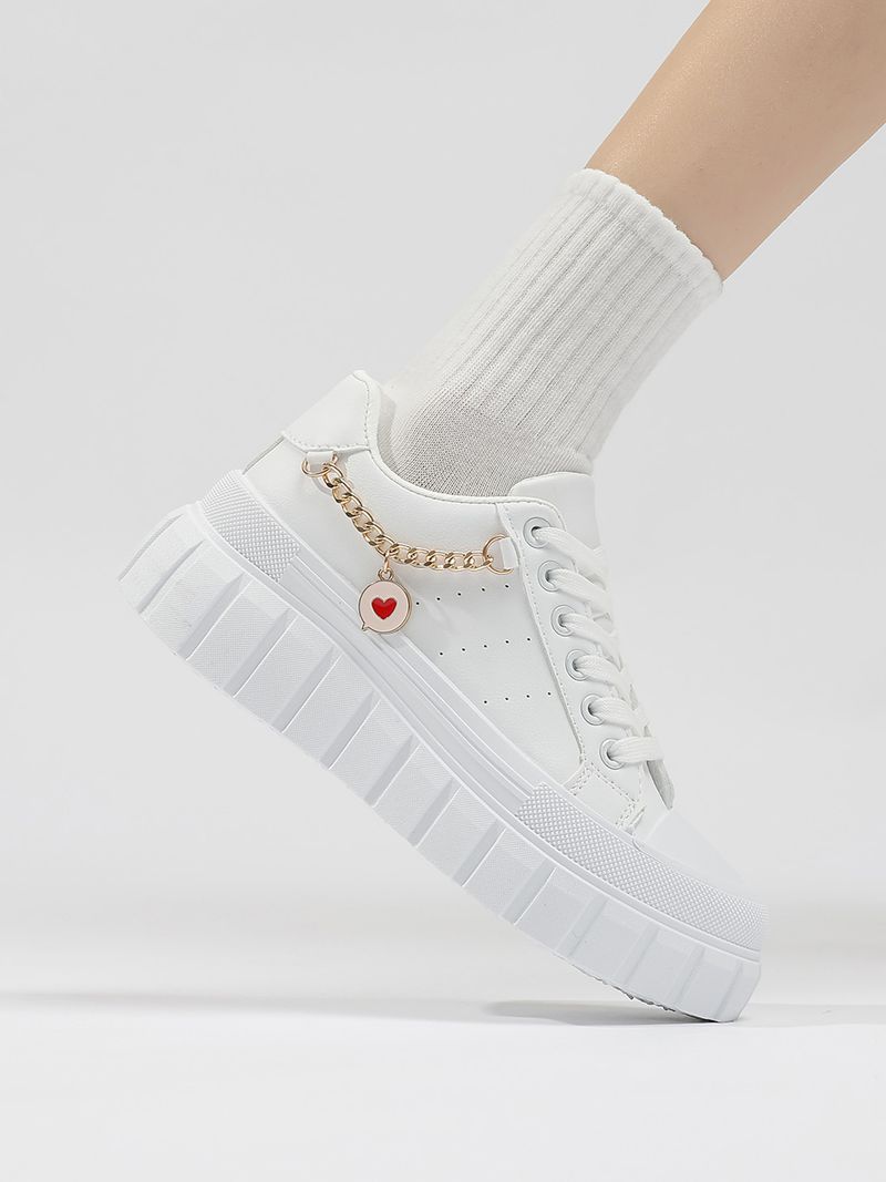 Chaussures pour femmes, nouvelles chaussures pour femmes de grande taille, semelle épaisse, chaussures de sport décontractées, chaussures plates blanches avec chaîne en métal pour femmes_voghion.com