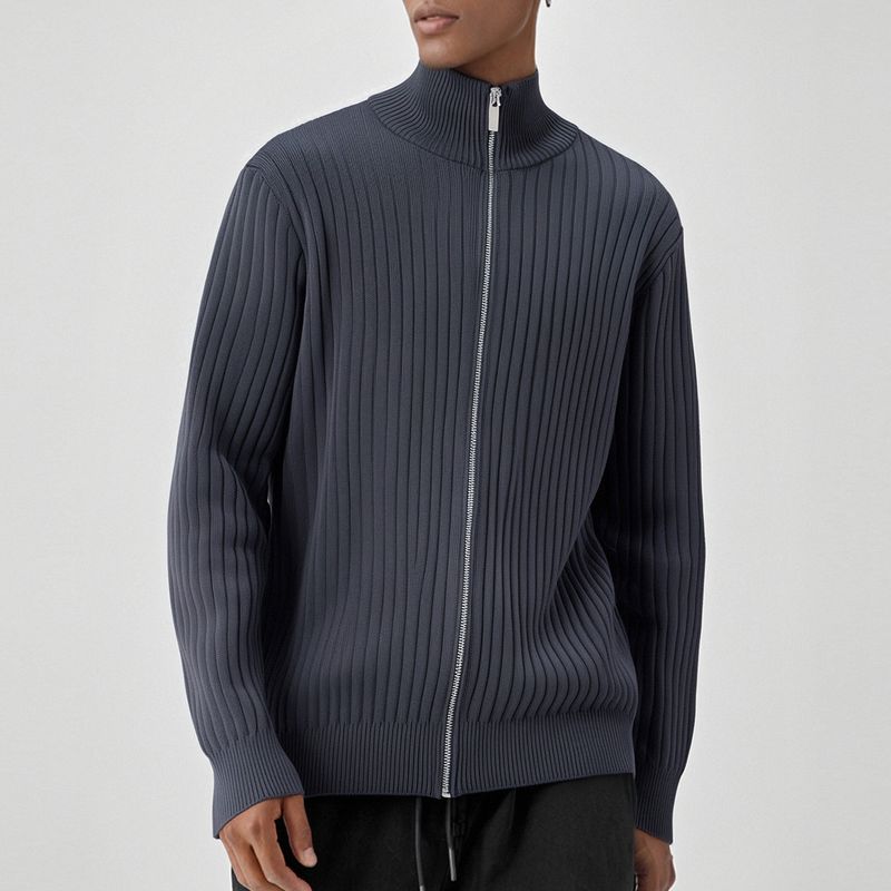 Herren Strickjacke mit lockerer Passform und Reißverschluss und hohem Halsausschnitt, Herbst/Winter, vielseitige Strickpulloverjacke im Lazy-Style für Herren_voghion.com
