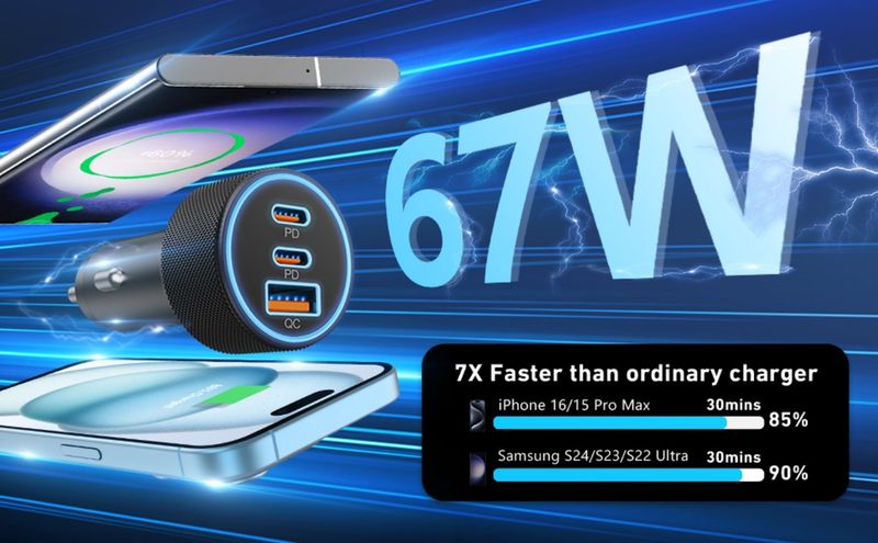 67W 3 portlu Ultra hızlı Tip C Araç Şarj Cihazı USB C Samsung Galaxy S25 S24 S23 S22 S21 Ultra A54 A53 A15, iPhone 16/15 Pro Max, Android, PD/QC Araç Adaptörü_voghion.com