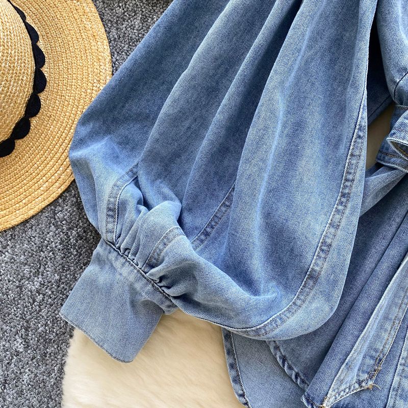 Dameskleding Retro Taille Stand Kraag Lantaarn Mouw Lange Mouw High End Sense All Match Slim Denim Shirt_voghion.com
