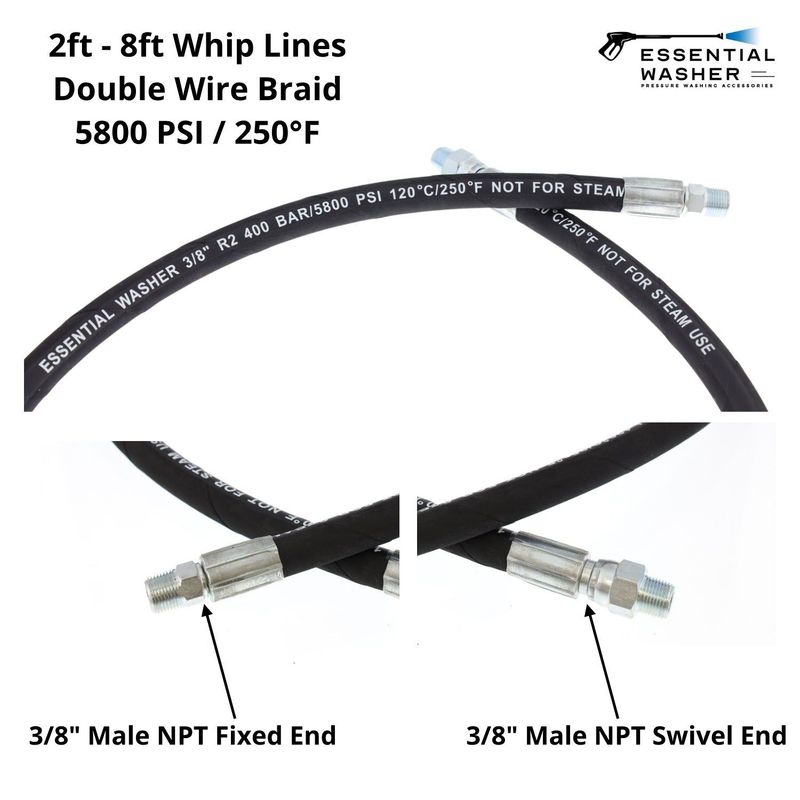 2 FT Whip Line For Pressure Washer Reel & Other Applications | 3/8" 5800 PSI Heavy Duty Commercial Grade_voghion.com