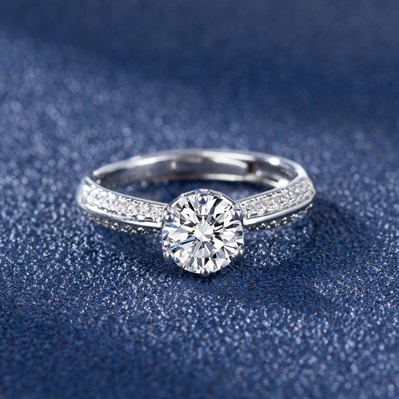 Anello aperto in zircone di lusso leggero a sei griffe, stile coreano, elegante, per donna, con mezza parete, Jiangshan, micro pavé._voghion.com