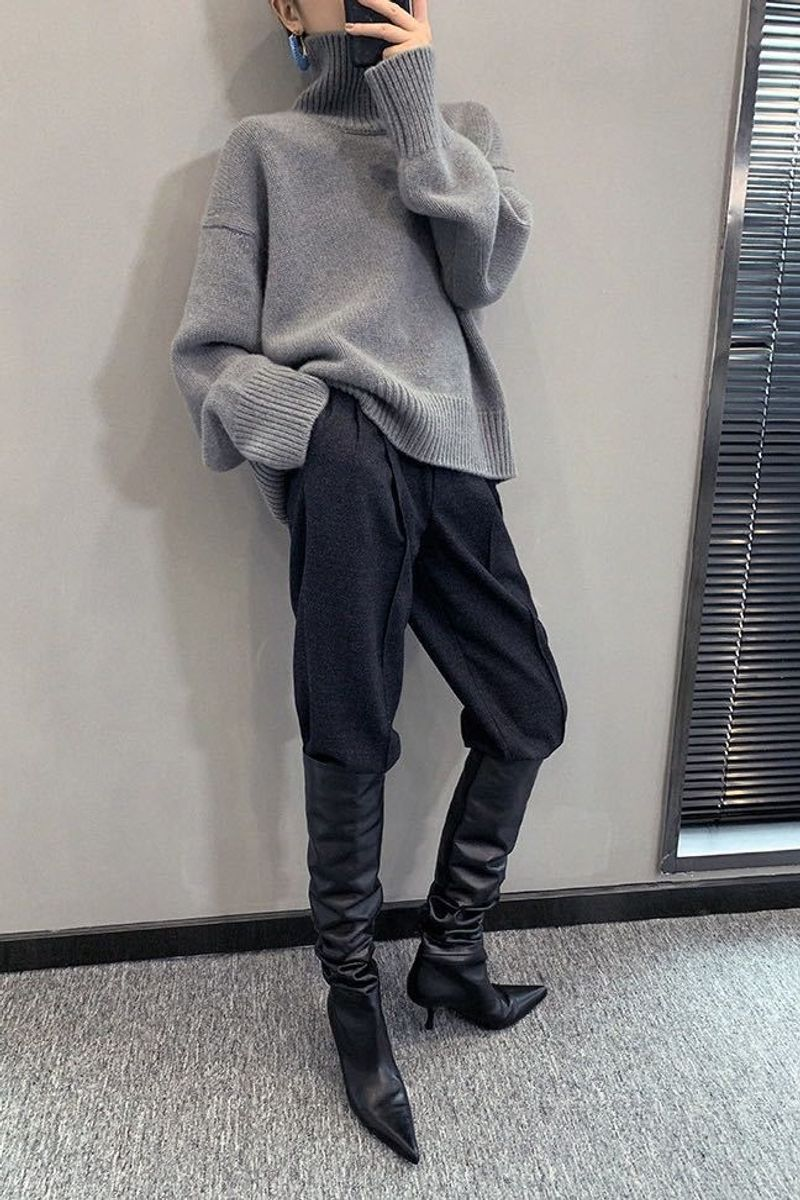 Naiste kõrge kaelusega pehme vahajas kampsun laisa jalaga kandmiseks laisa tuulega kootud põhjaga_voghion.com