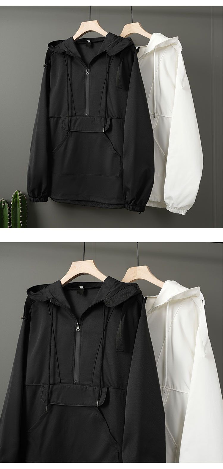 Giacca a vento oversize con cappuccio e cerniera – Giacca streetwear impermeabile con cuciture a contrasto (nero/bianco)_voghion.com