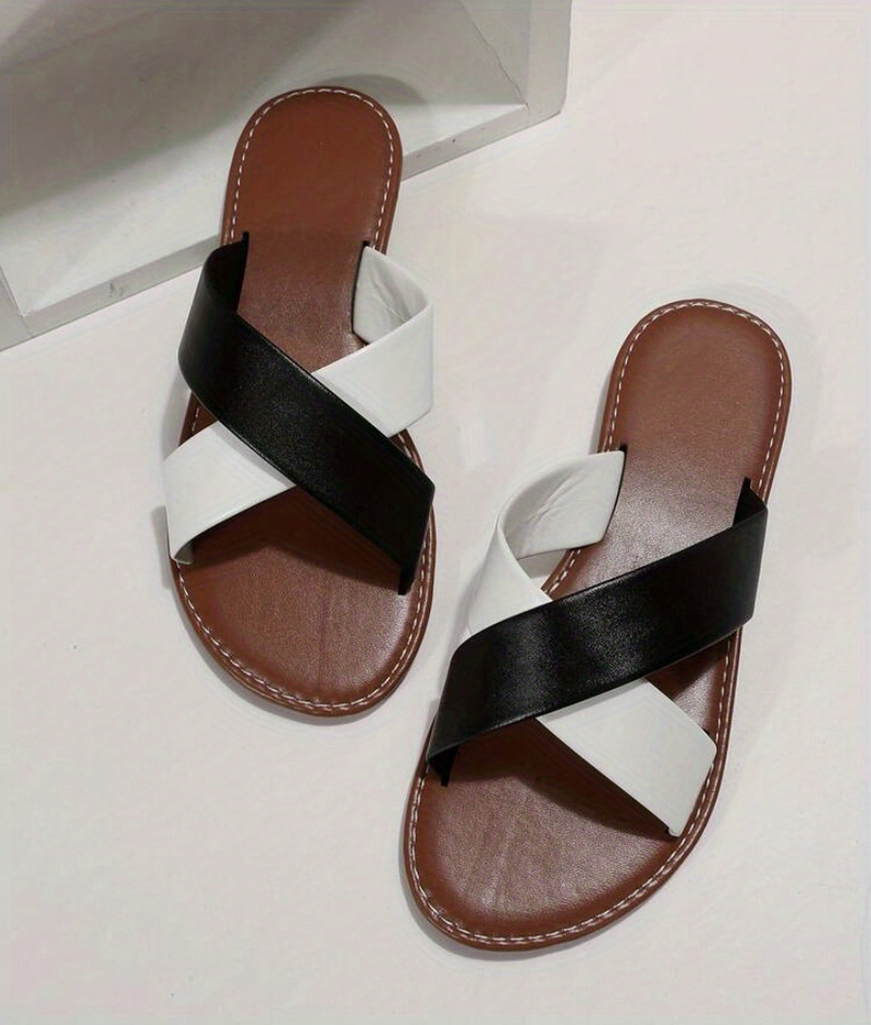 Platte damesslippers met kruisband, effen kleur antislipslippers met open teen, casual strandslippers voor buiten_voghion.com