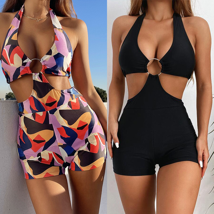 Maillot de bain une pièce bikini imprimé léopard avec cordon creux pour femme C88W_voghion.com