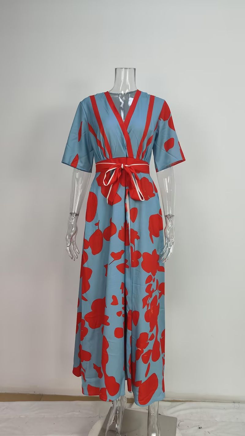 Abito a maniche lunghe con scollo a V stampato, vestibilità attillata, elegante e attillato, da donna, primavera 2025_voghion.com