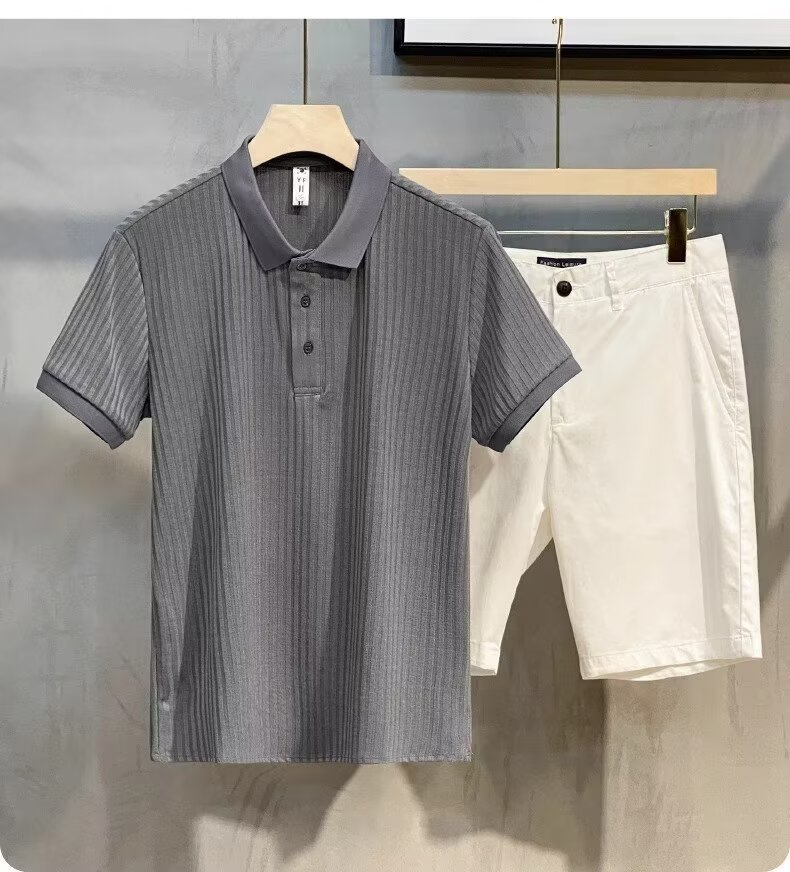 Herrkläder Business pikétröja Pit Stripe Mercerized pikétröja Kortärmad sommartopp Lapel Herr T_voghion.com