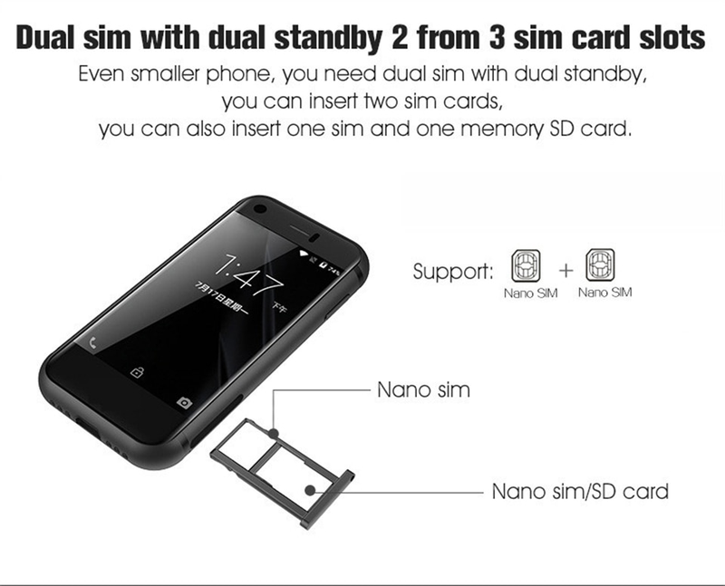 SOYES 7S Mini Android Smarttelefon 1 GB RAM 8 GB ROM 2,54 tommers HD-skjerm Firekjerners 5,0 MP Kamera Dobbelt SIM Ultratynn Mobiltelefon_voghion.com