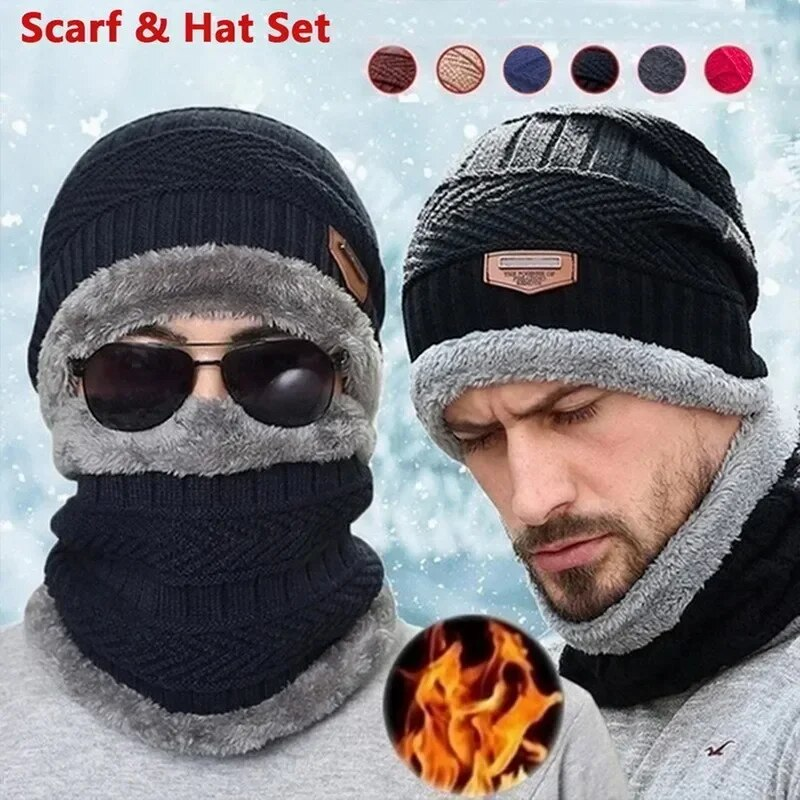 Gestrickte Wintermütze für Herren, dicker Fleece-Kragen, Schal, Sturmhaube, Mundmaske für Herren_voghion.com