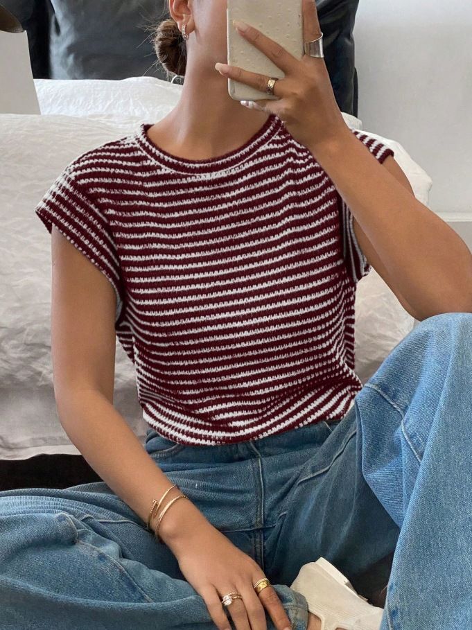 Europese en Amerikaanse grensoverschrijdende dameskleding Zomer Nieuwe gestreepte ronde hals mode trui Vleermuismouwen T-shirt Vrouwelijk_voghion.com