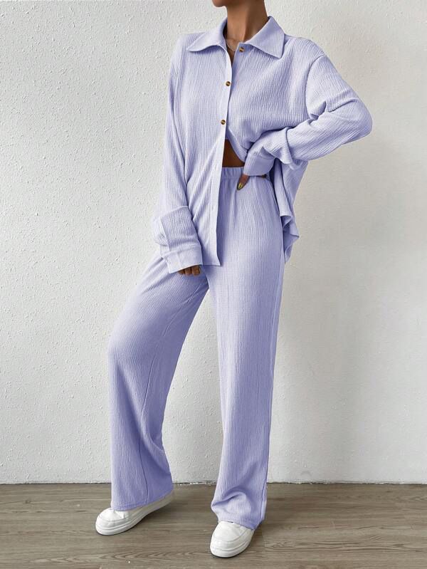 Ensemble 2 pièces pour femme, cardigan à revers et pantalon ample, couleur unie, décontracté et tendance, collection automne-hiver_voghion.com