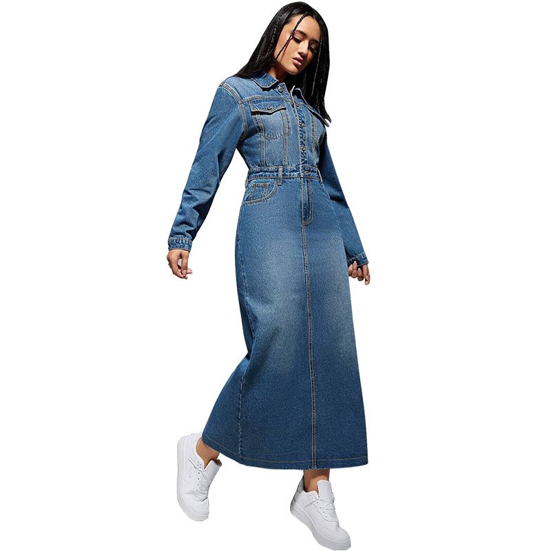 Abito lungo casual da donna in denim rilassato con bottoni sul davanti e spacchi laterali (S-2XL)_voghion.com