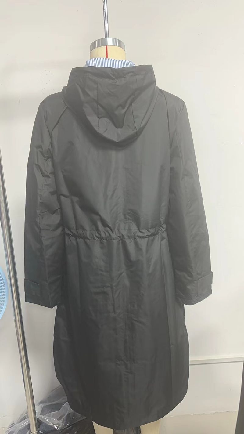 Trench casual da donna K Long con cappuccio, impermeabile, tinta unita con fodera a righe, cappotto dritto._voghion.com
