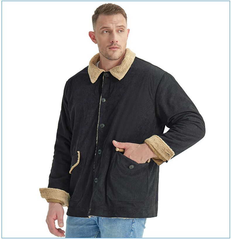 "Herrenjacke aus Cord und Lammfell mit Revers – Plüschiger, dicker Mantel in großer Größe (Schwarz/Grün/Hellbraun, S-XXL)"_voghion.com