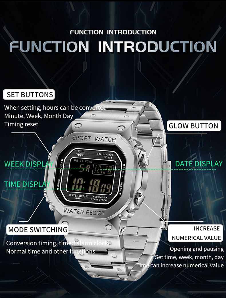 Orologi da uomo, orologio sportivo multifunzione con sveglia da uomo, orologio elettronico impermeabile, quadrato, alla moda_voghion.com