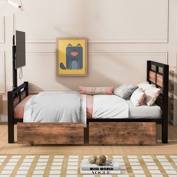 Twin Size Metal Platform Bed With MDF Headboard And Footboard,Two Storage Drawers And Rotatable TV Stand,Black_voghion.com