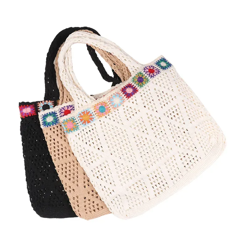 Bolsa de compras de crochê com flor, estilo hobo, para o verão, com alça de ombro em tricô, ideal para viagens e férias._voghion.com
