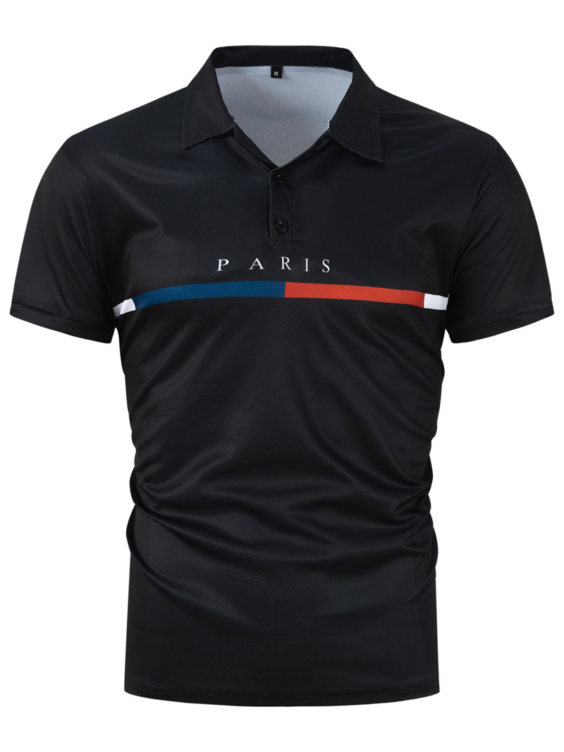 Polo sportiva da uomo con bottoni a righe color block francese, estate 2024_voghion.com