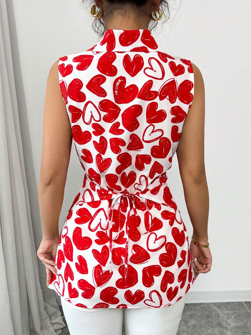 Camicia senza maniche da donna, camicia con risvolto e cravatta in stile estivo da donna_voghion.com