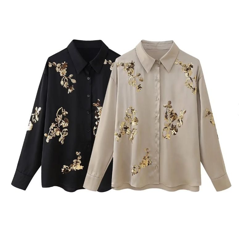 Women's Clothing embroidered sequins long sleeved shirt and trousers suit_voghion.com
