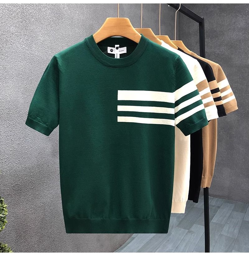 Maglione estivo a maniche corte da uomo, a righe, semplice, leggero, maturo, slim, in seta ghiacciata, nuovo di zecca_voghion.com