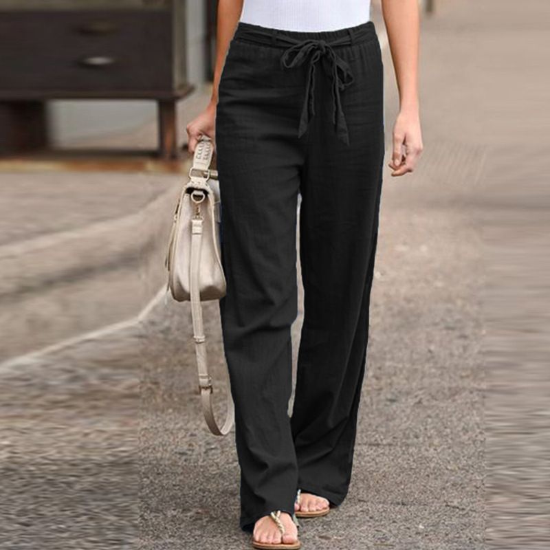 New casual simple comfortable elastic waist cotton and linen women's trousers in stock_voghion.com