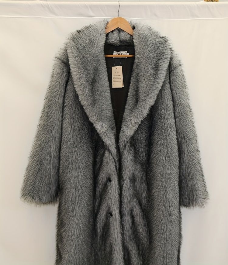 Elegante e caldo soprabito lungo da donna con colletto in peluche, silhouette a H, chiusura con un solo bottone, lavabile a mano. Taglie disponibili_voghion.com